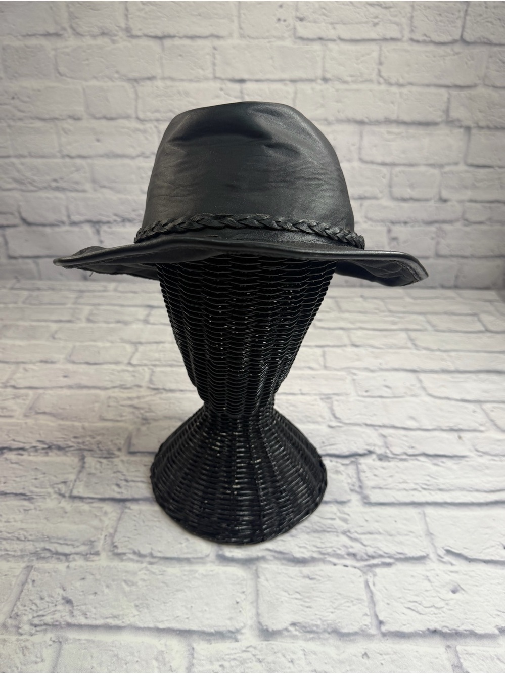 Men's Black Genuine Leather Outback Bush Hat with Braided Band